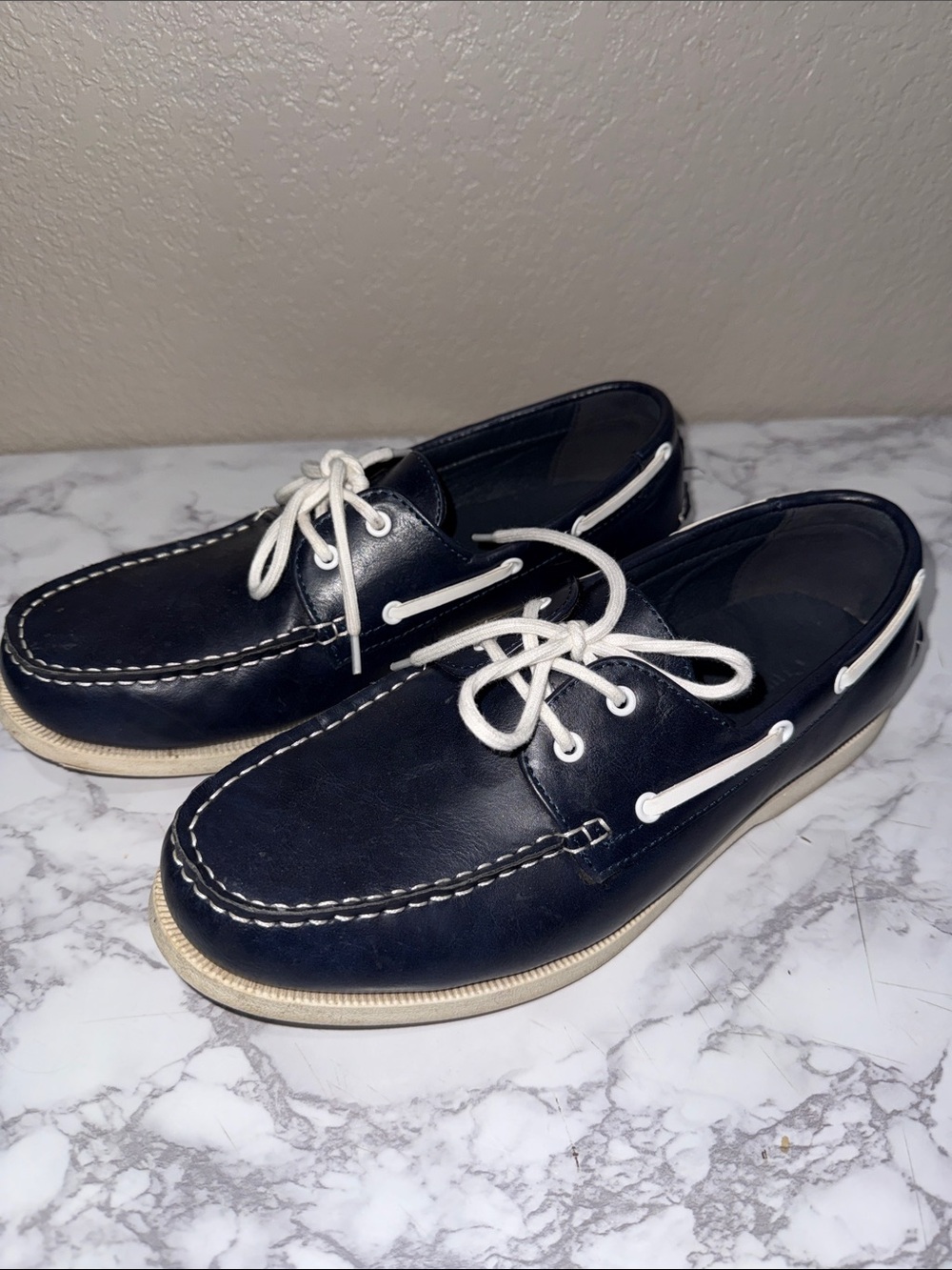 Club Room Navy Leather Boat Shoes with White Laces